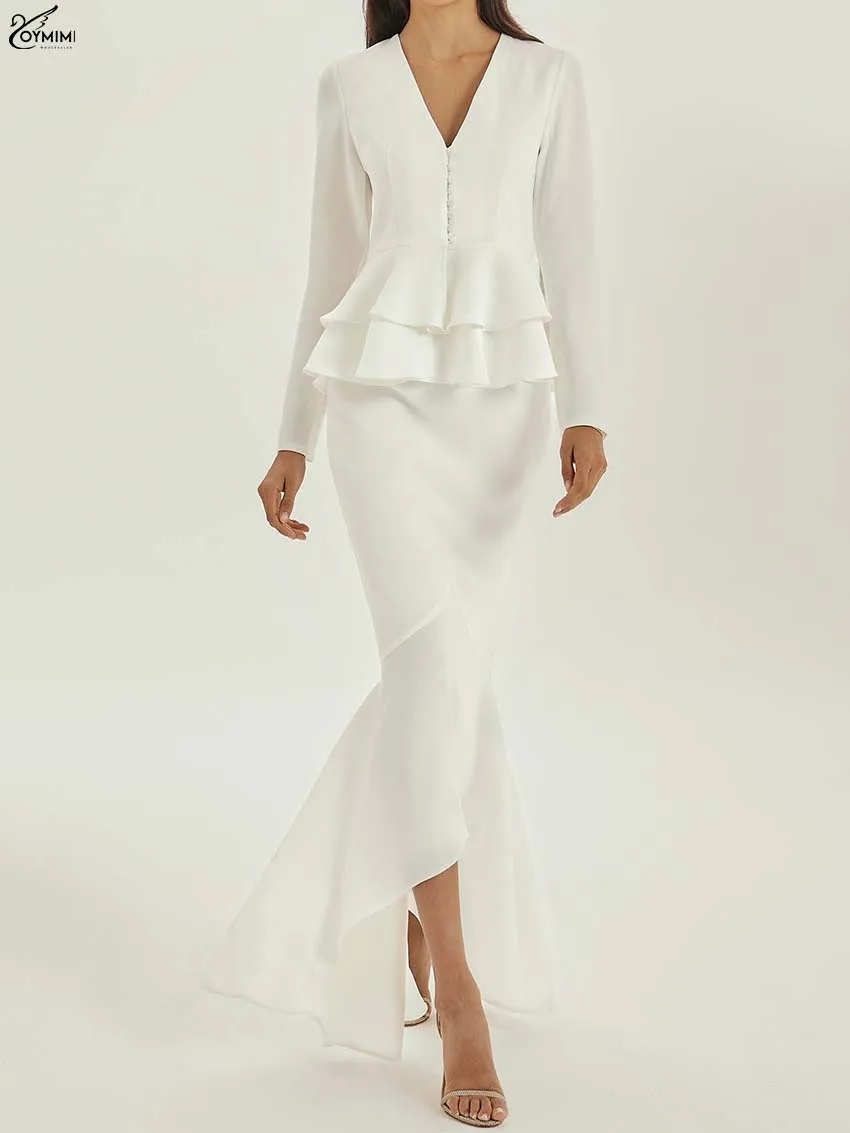 

Модный белый облегающий женский комплект Oymimi из 2 предметов: элегантная рубашка с длинными рукавами, пуговицами и рюшами, а также юбка-труба с высокой талией.