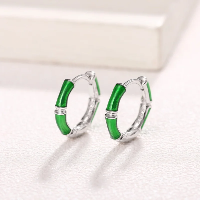 Huitan 925 Sterling Silver Enamel Bamboo Designed Hoop Earrings Creative Gorgeous Ear Accessory Active Good Luck Party Jewelry