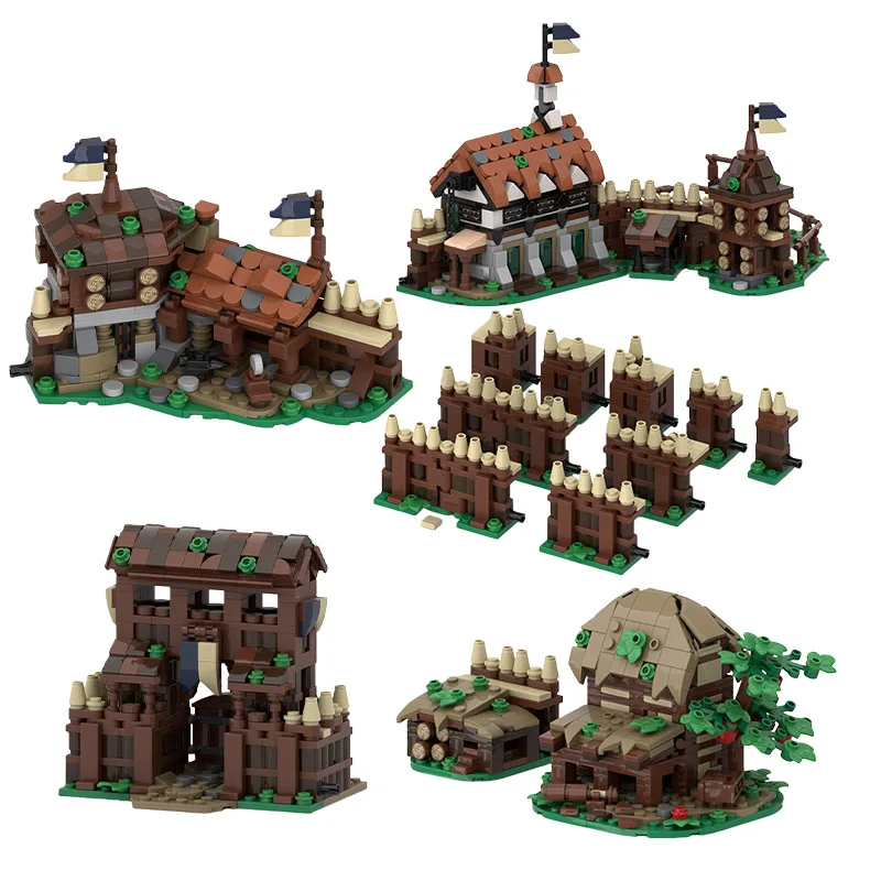 

MOC building blocks toy woodworking project - miniature castle with small house and courtyard model piece set for creative assem