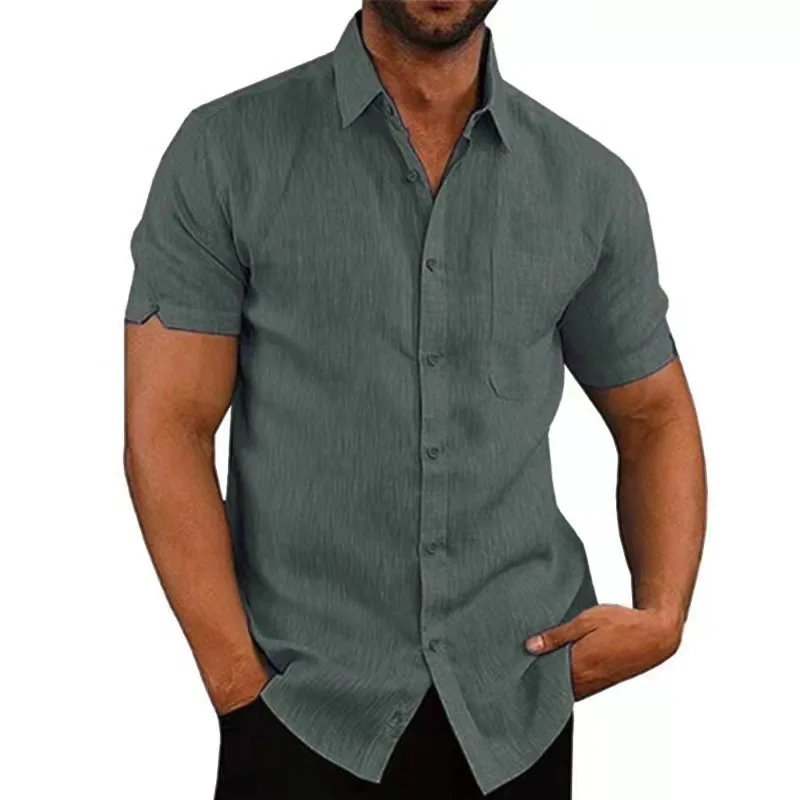 

New Summer Lapel Solid Color Short Sleeve Button Men's Linen Shirt Mens Shirts