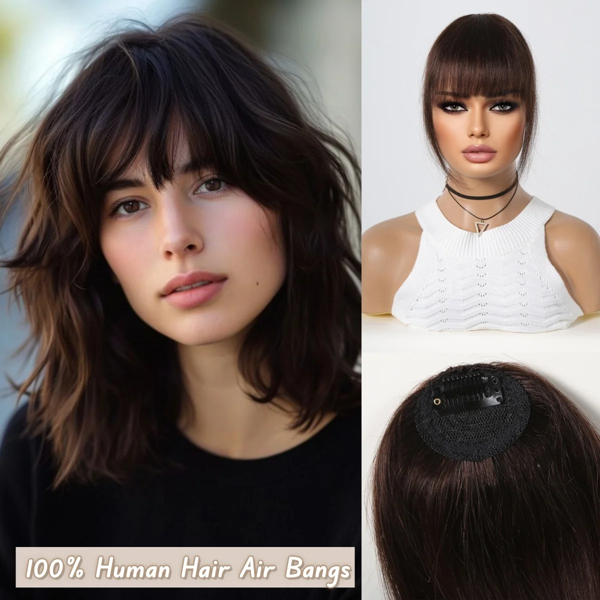 

Brown Black Human Hair Air Bangs OverHead Clip in Hair Extensions Dark Blunt Cut Natural Hair Bangs Fringe Hairpieces for Women