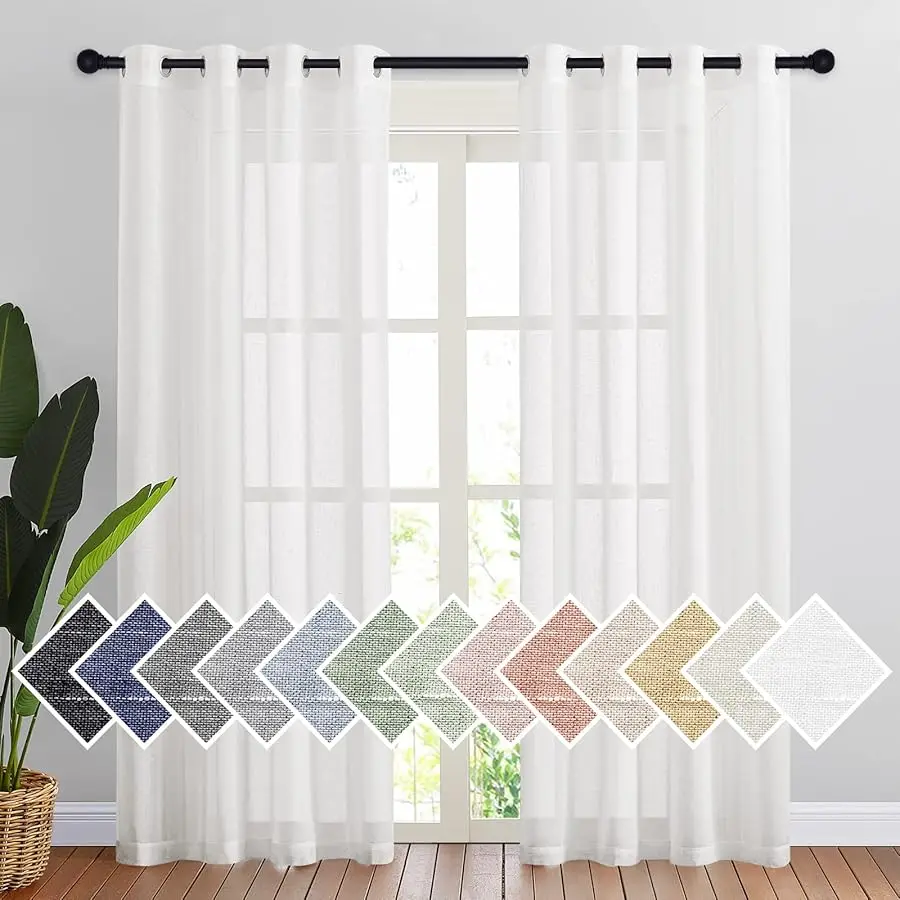 

White Sheer Linen Curtains for Li ing Room 84 inch Length 2 Panels Set, Grommet Semi Sheer Pri acy with Light Filtering Flax Win