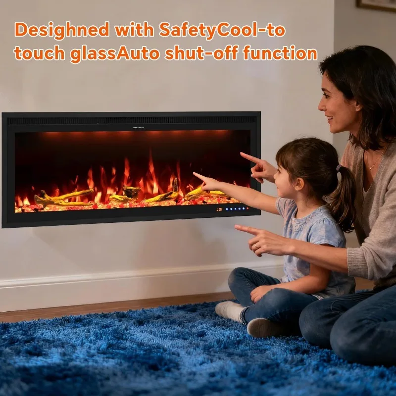 42 Inch Smart LED Electric Fireplace 1500W Recessed Wall-Mounted Heater Remote Touch Screen CE Certified Hotel Use Adjustable