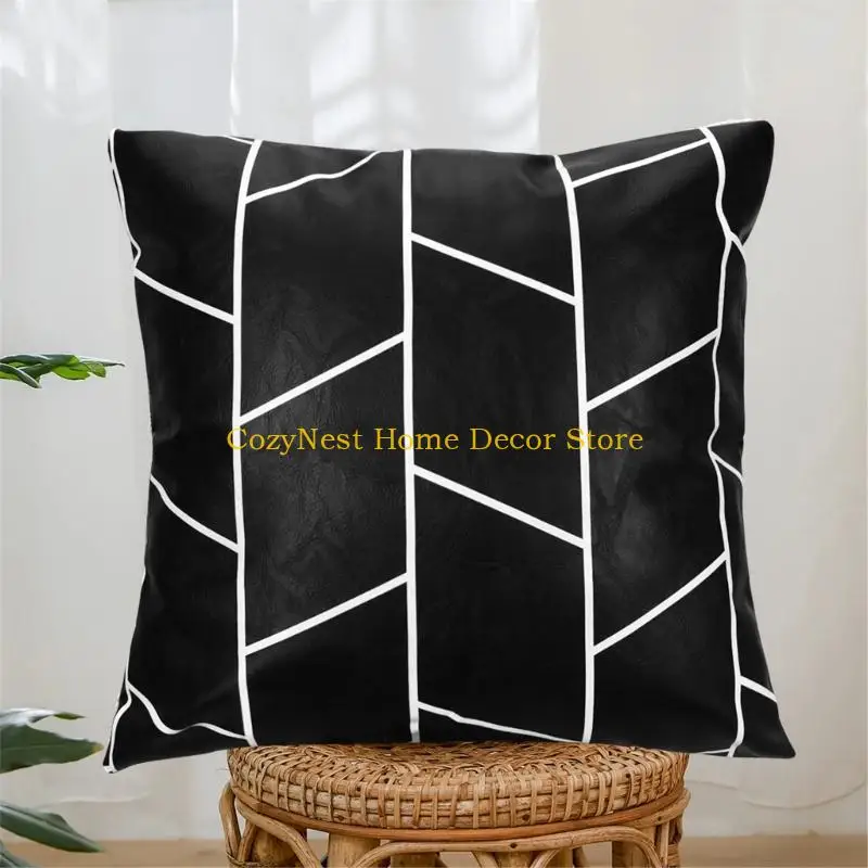 92MF Elegant Black PU Leather Pillow Cover Versatile Decoration for Modern Interior Designs