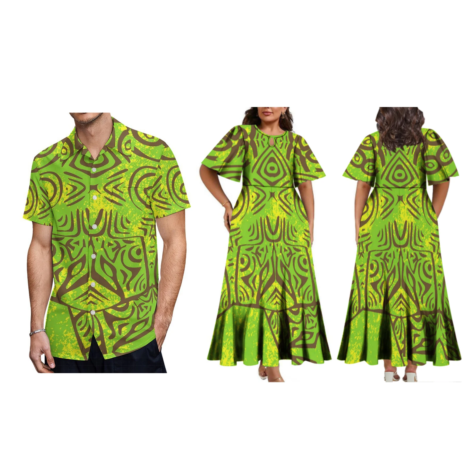 

2024 New Arrival Polynesian Hawaii Tribal Long Pleated Dress Half Sleeve Crew Neck Fit Flare Ladies Dress