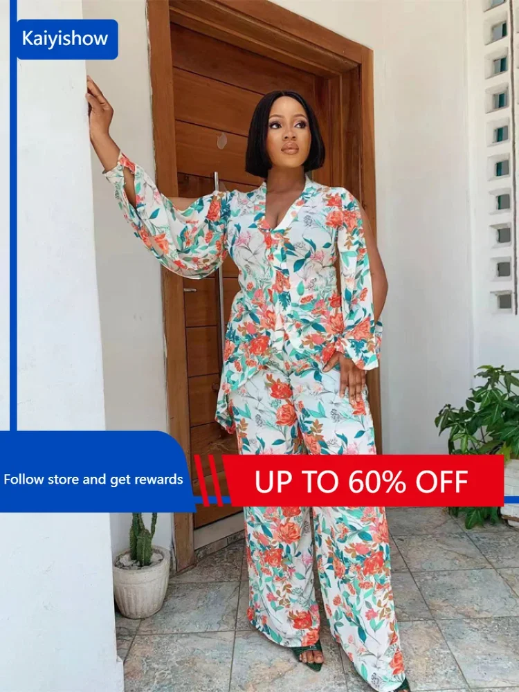 

African Clothes for Women Summer Fashion African Women Long Sleeve V-neck Polyester Printing Two Pieces Sets Top and Long Pant