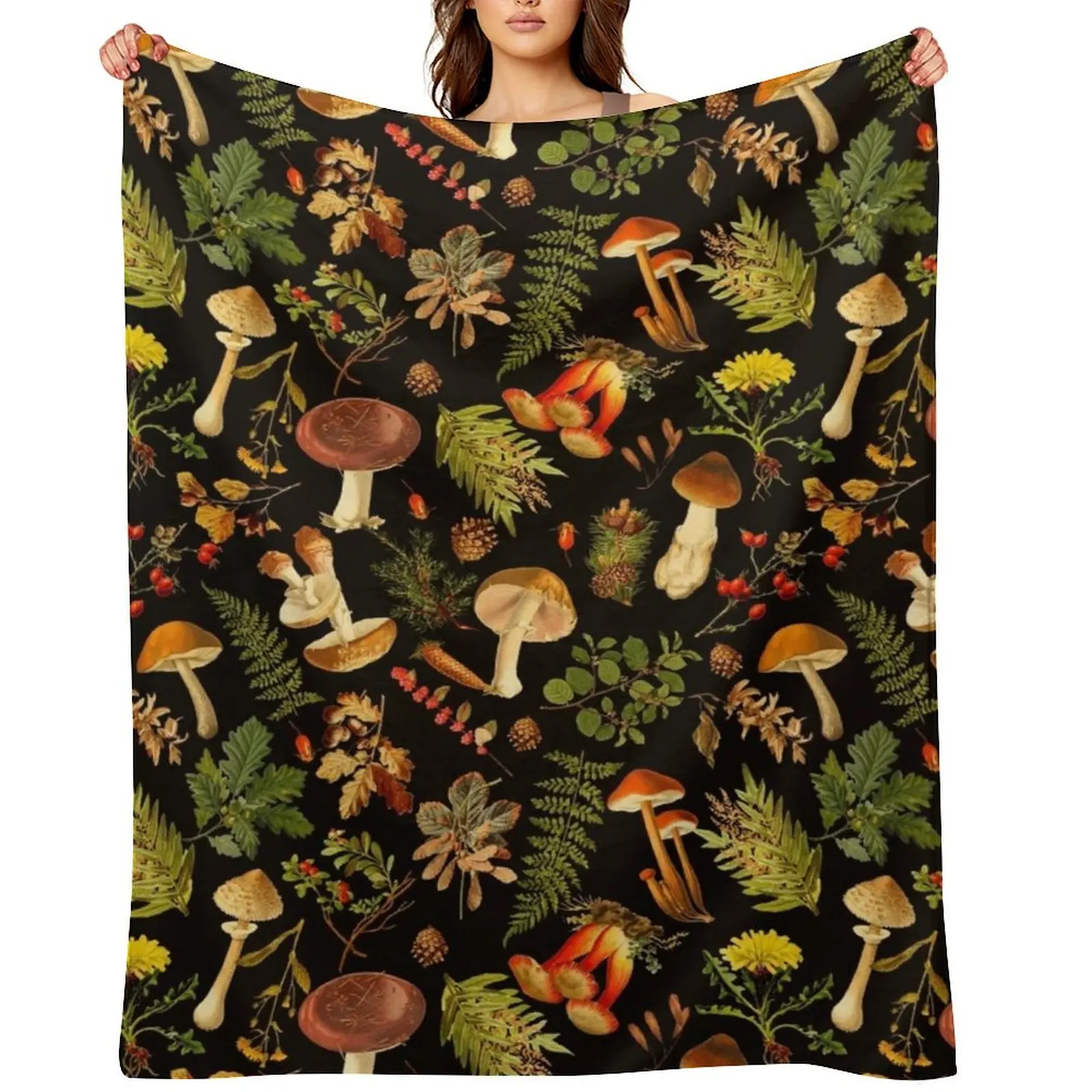 Vintage toxic mushrooms forest pattern on black Throw Blanket Sofa Throw Designers Decorative Throw Soft Beds Blankets