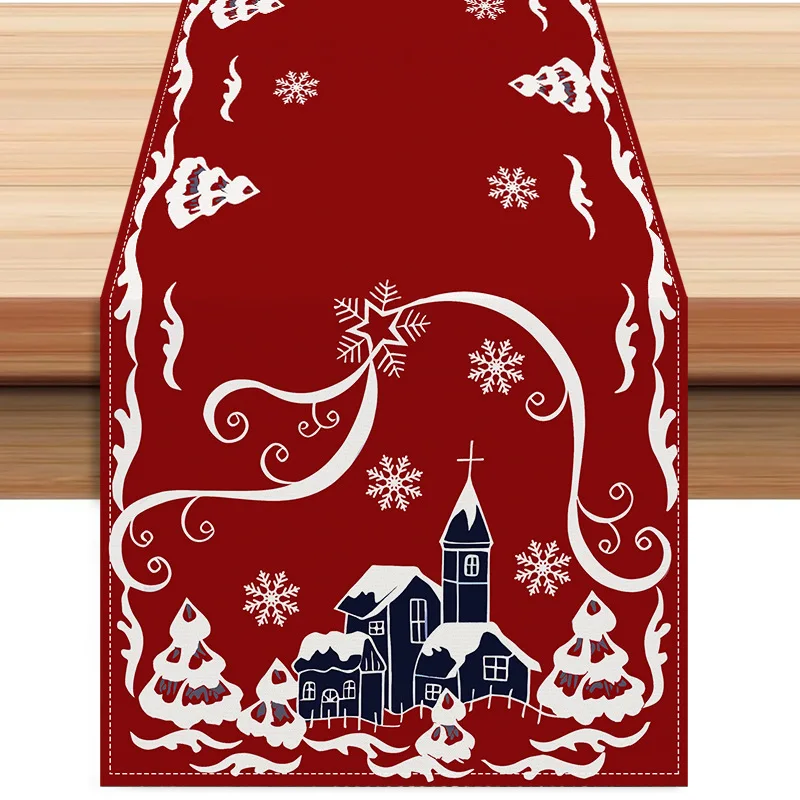 Weihnachts-Tischläufer – Rot, Blau, Dorf, Kirche, Polyester-Dekor, Frohe Weihnachten, Thema für Familienküche, Urlaubsparty