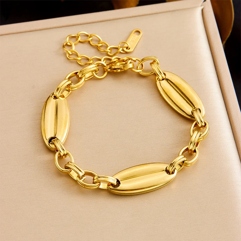 

Fashionable Retro Simple Geometric Oval Accessories Chain Golden Stainless Steel Jewelry Bracelet ﻿