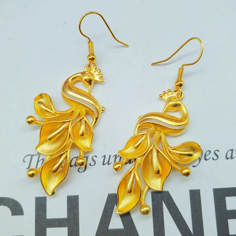 Anting-anting Phoenix Emas 999 kualitas tinggi anting-anting merak 24K perhiasan wanita kualitas mewah rumbai AU750