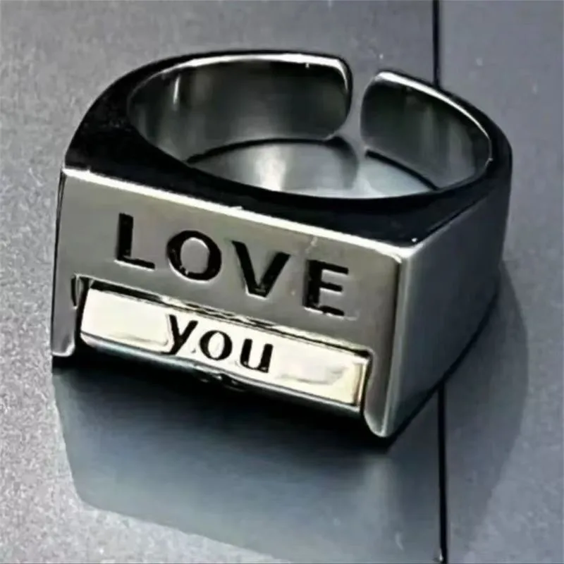 Gunmetal Slider Ring for Women Men Love Hate Engrave Adjustable Open Band Statement Cool Edgy Mood Switch Jewelry Gift
