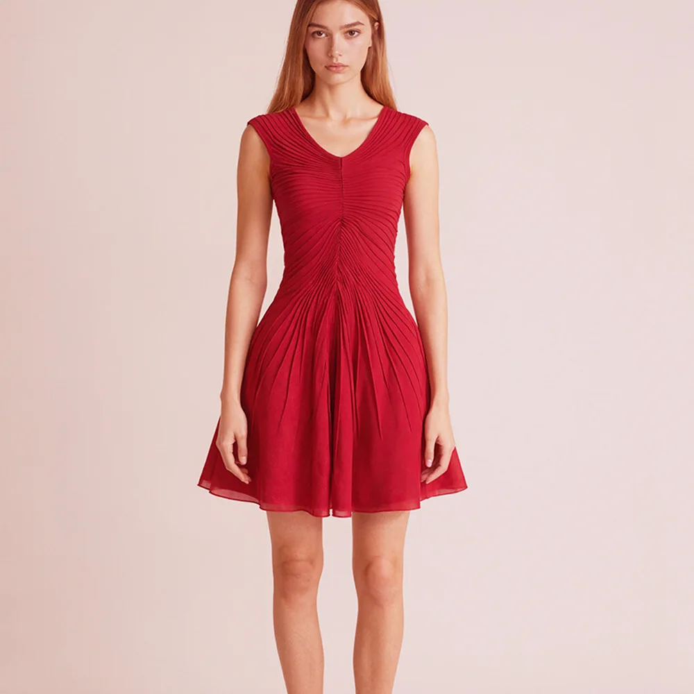 

New elegant slimming red V-neck knitted dress for women short A-line skirt robe femme ropa para mujer vestido mujer red dress