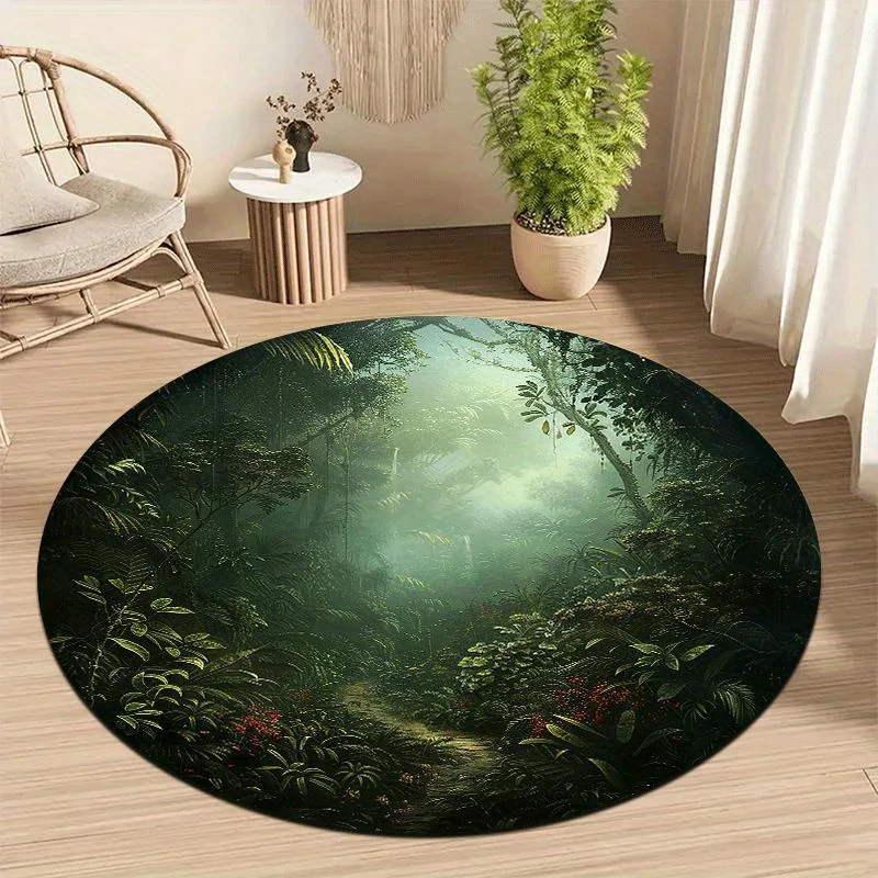 A Round Mat Featuring a Lush Rainforest Design in 2D, Lightweight, And Machine Washable, Perfect for Home Decor. It Depicts a Serene And Mysterious Jungle Path, Suitable for Living Rooms, Bedrooms, Yoga Spaces