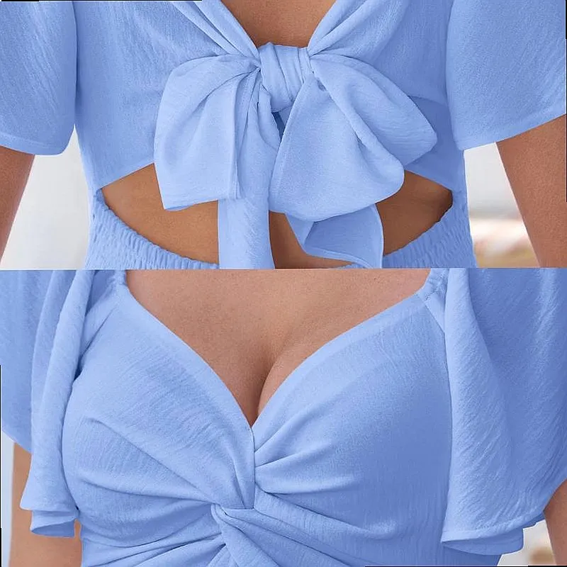 Spring Summer Square Neck Short Sleeve High Waist Dress Dresses Back Bow Vacation Overall Jumpsuit Playsuit