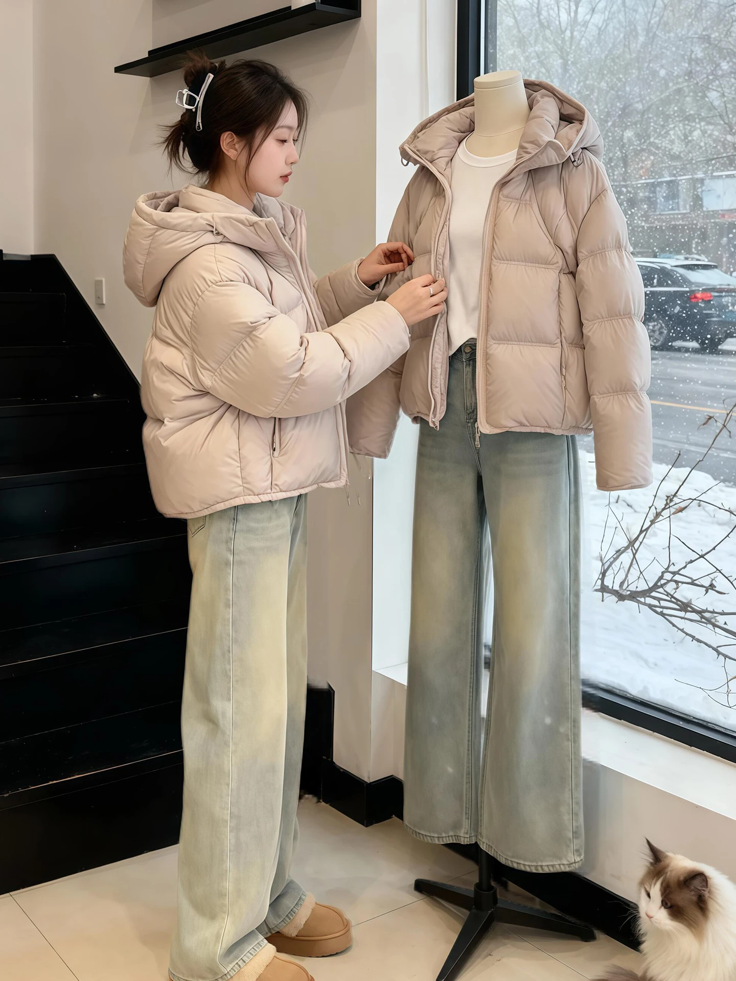 Korean Style Women's Short Puffer Jacket Hooded Thickened Cotton Coat Pink Cloud Bread Style Quality Outerwear for Winter