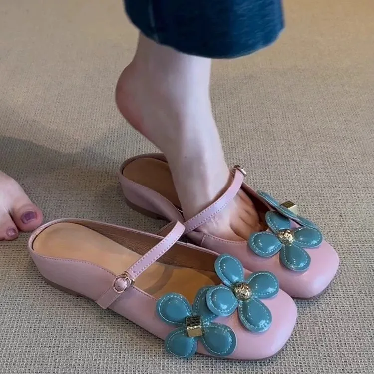 New color blocking flower straight buckle slippers for women, soft soled soft leather half slippers