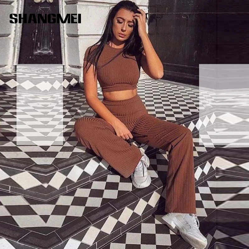 Fashion Women Sets Casual Solid Rib Knit Short Sleeve Crop Top High Waist Wide Leg Pants Suits Lady Tracksuit Loungewear