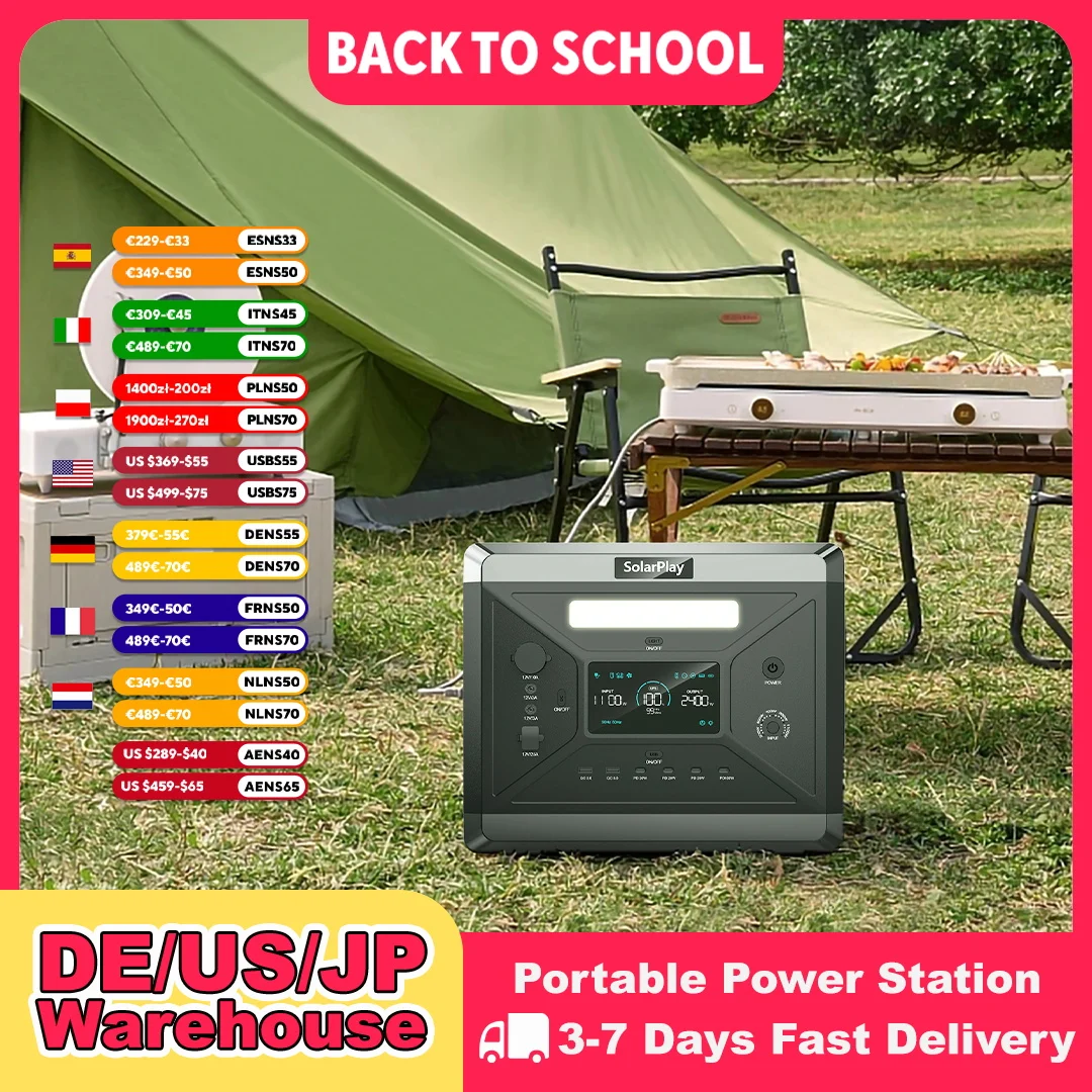 SOLARPLAY Q2501 Tragbares Kraftwerk 2160WH LiFePO4-Batterie mit 2400W (4800W Spitze) AC-Ausgang Solargenerator für Gartenparty