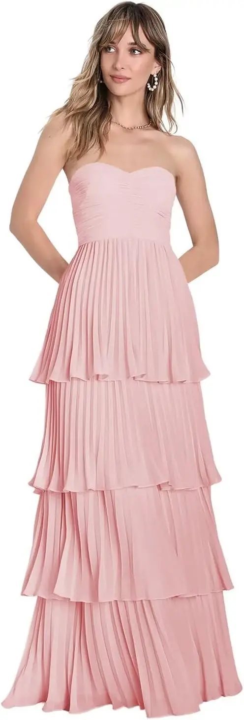 

Women's Strapless Party Dress, Layered Chiffon Bridesmaid Dress Long Pleated Skirt Ballroom Dress, Formal Evening Dress, Elegant