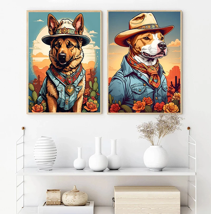 Wild Western Cowboy Dogs Cartoon Posters Desert Cactus Wall Art Pictures Koki Bully Dog Shepherd Dog Canvas Painting Home Decor