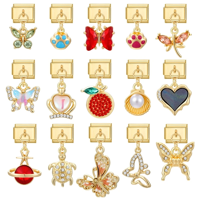 Gold Color Butterfly Flower Heart Paw Tortoise Zircon DIY Italian Charm Links Fit 9mm Stainless Steel Bracelet Women Gifts