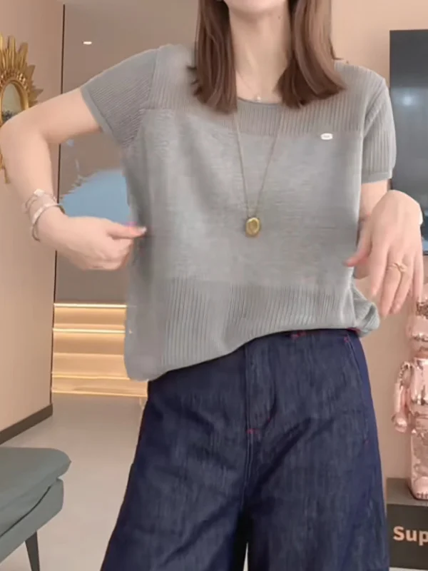 

plus Size Women's Loose Thin Knitwear Short Sleeve T-Shirt Summer New Style Slimming Belly Covering Top Korean Style Commute