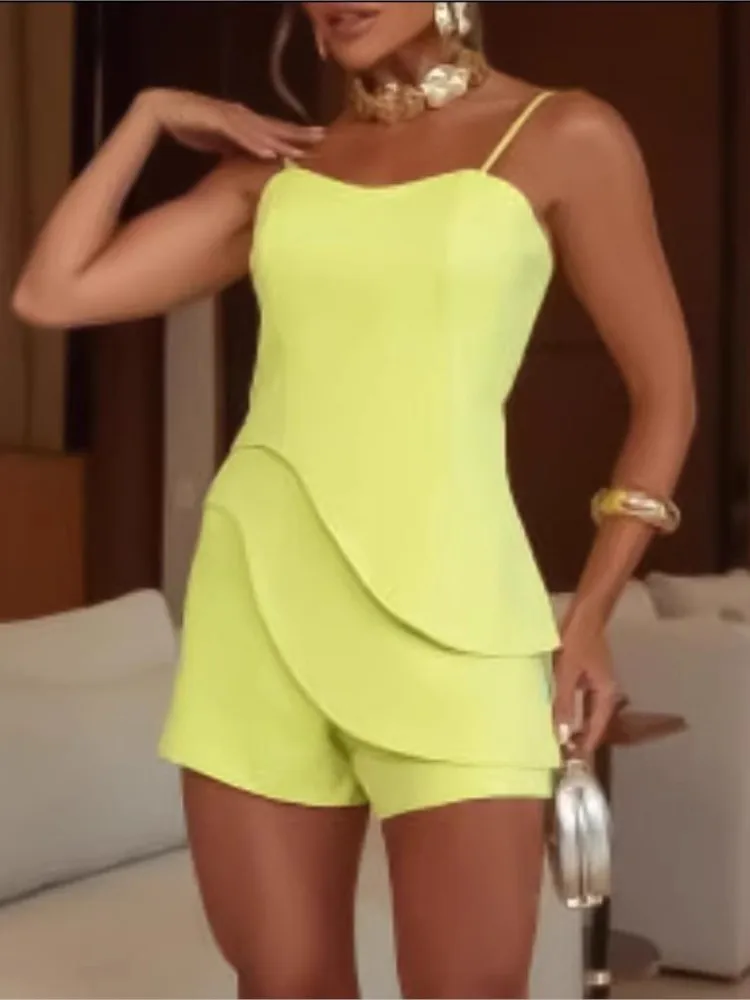 

Summer Fashion Suspender Casual Straight Jumpsuit Shorts Women's Simple Solid Color High Waist Sleeveless Jumpsuit Shorts