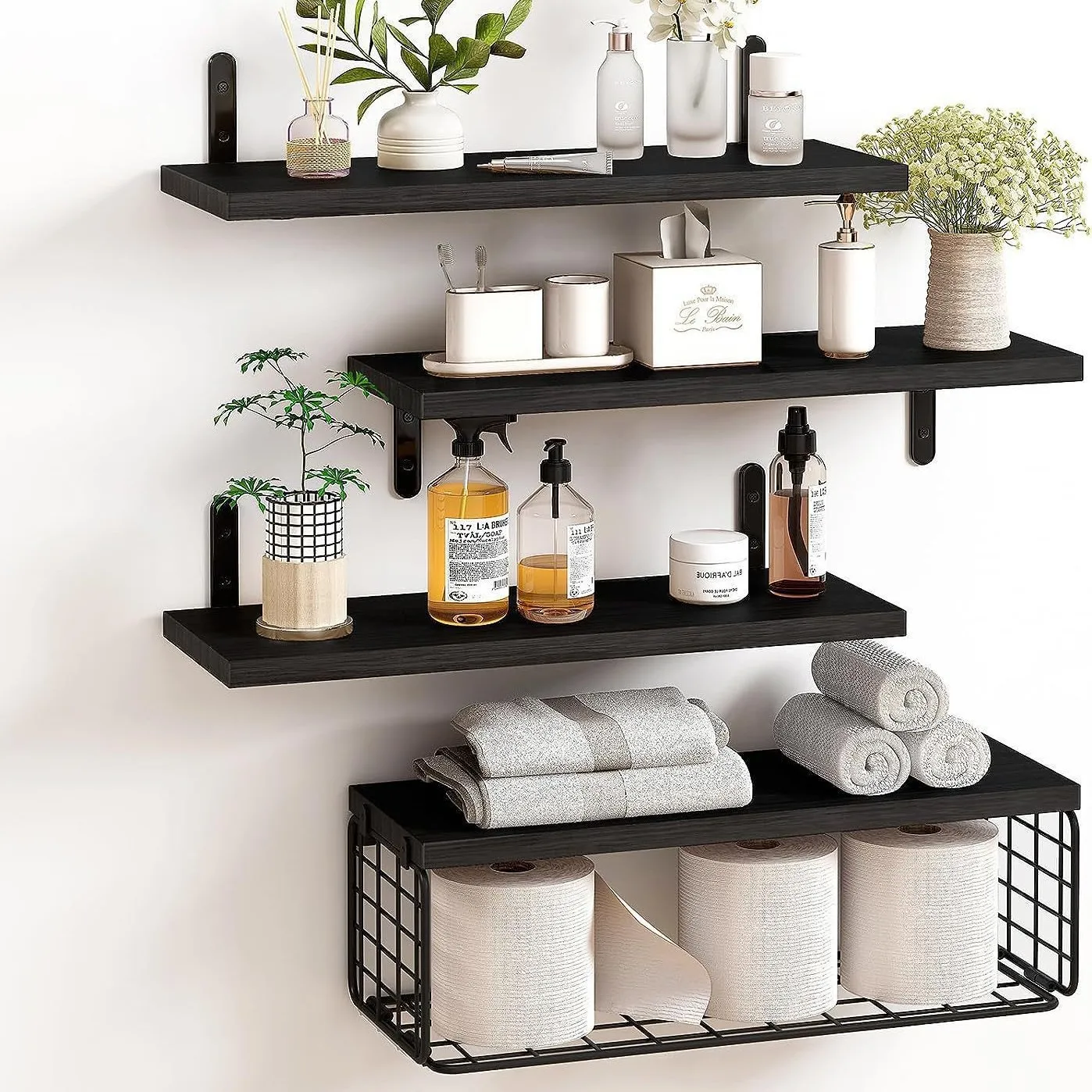 Wooden Floating Wall Shelves Set Bathroom Storage Three Or Four Piece Nordic Style Baskets Toiletries Kitchen Bedroom Living