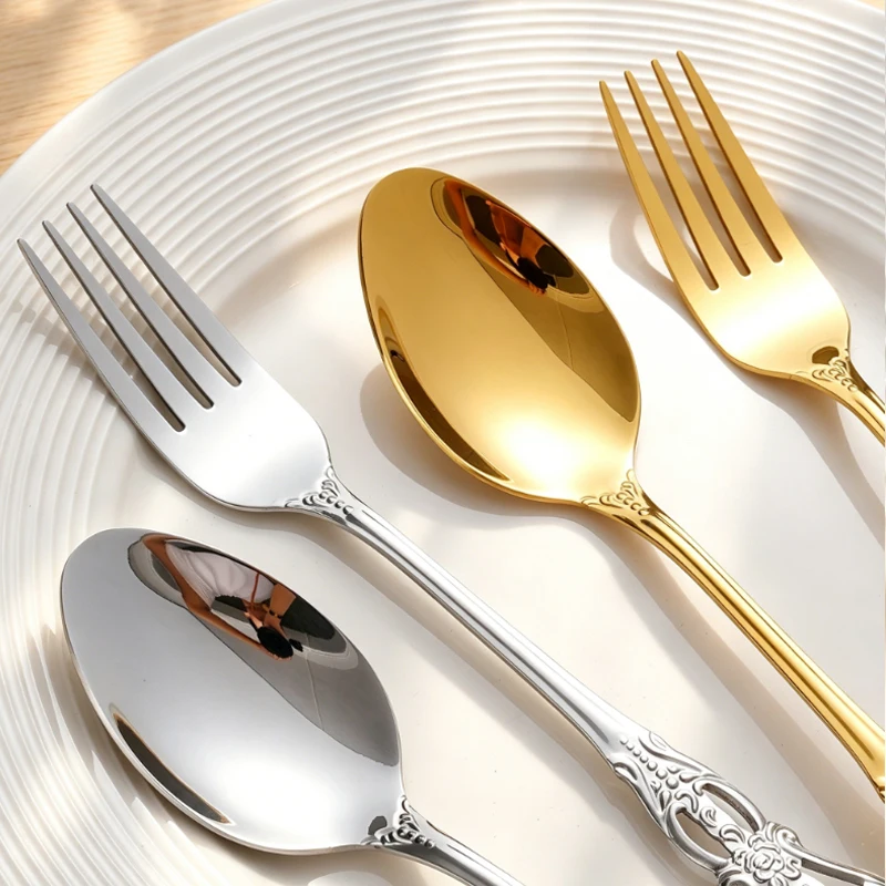 24Pcs Palace Antique Carving Tableware Set Stainless Steel Spoon Fork High-End Restaurant Tableware view 5