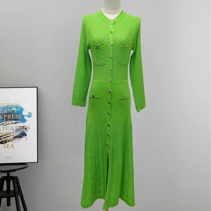 2025Herfst Elegante Dame Gebreide Single Breasted Lange Jurken Vrouwen Solid Mouwloze O Hals Knop Bodycon Party Vrouwelijke Vestidos