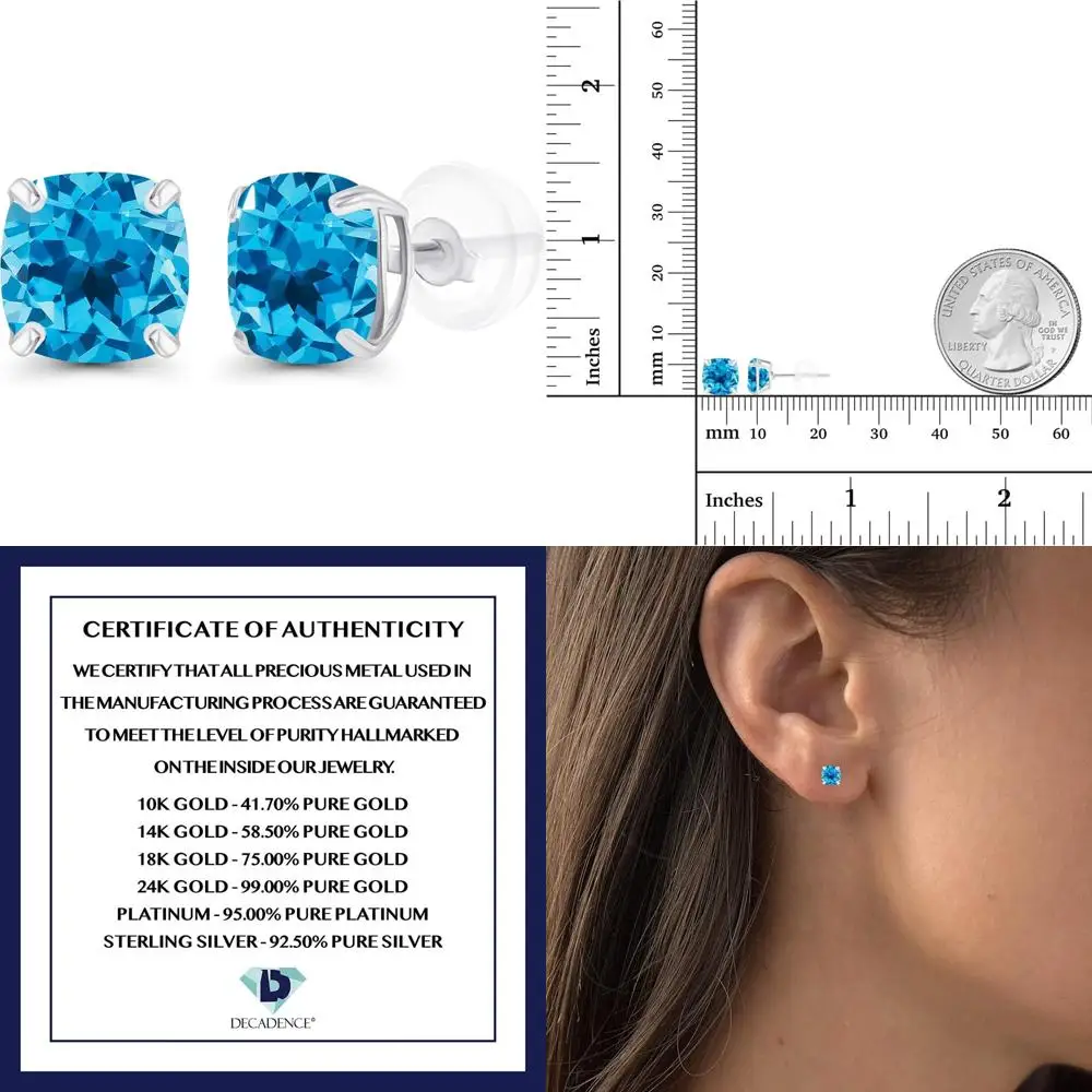 

Genuine Birthstone Stud Earrings for Women in 14K Gold, 6mm Cushion Cut, Hypoallergenic, Natural or Created Gemstones