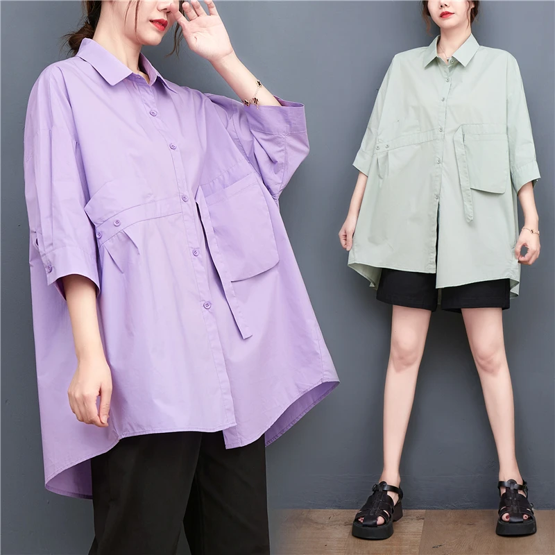 

plus Size Women's Pure Color Shirt Asymmetrical Splicing Loose Slimming Mid-Length Trendy Commute Style Five-Quarter Sleeve