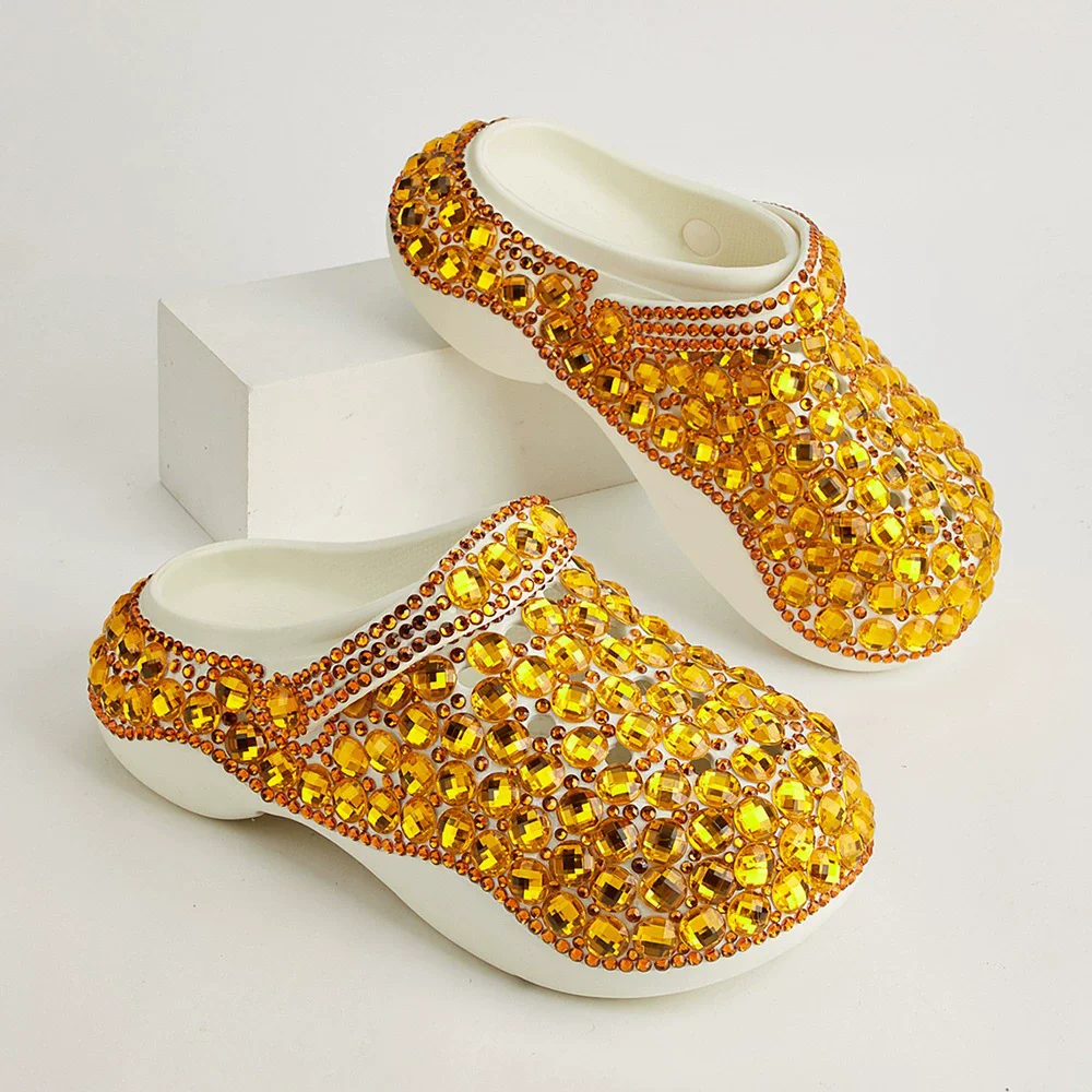 Summer new round toe wrap head rhinestone foam thick-soled women's hole sandals casual versatile large size flat-heeled slippers
