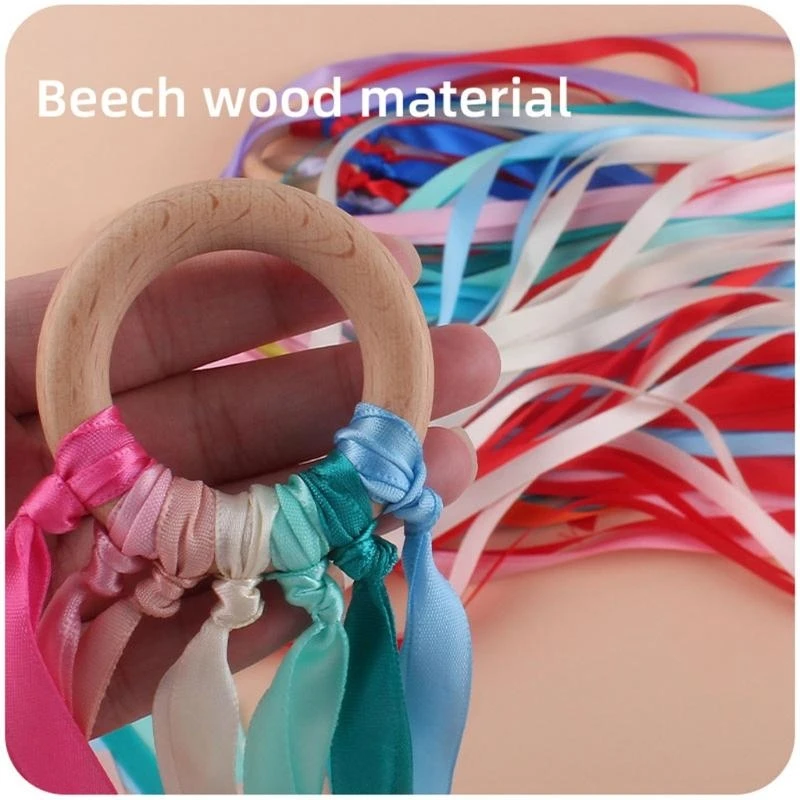 

U13F Baby Ribbon Wooden Ring Teether Nursing Chewing Teething Toy Bracelets Non-toxic for Newborns Colour Recognition
