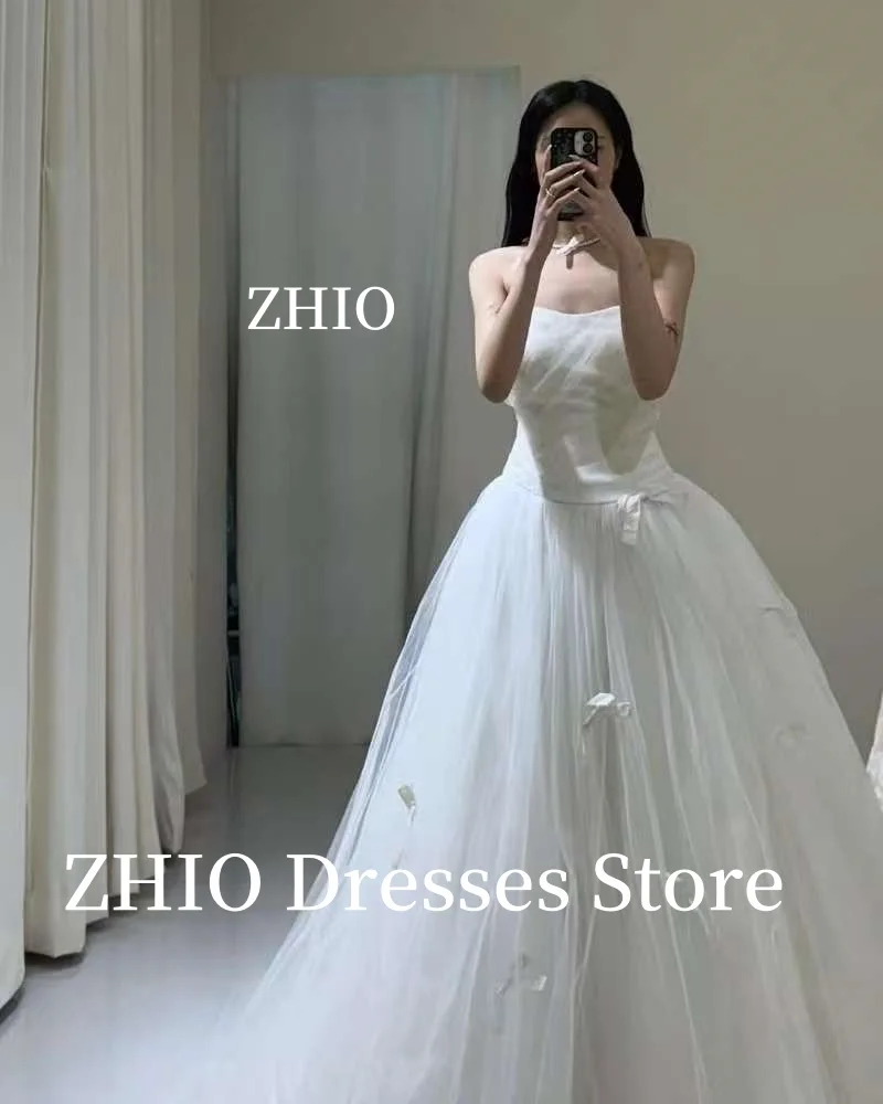 ZHIO Prinses Bruiloft Jurken A-lijn Strik Gelaagde Tule Korea Fotoshoot A-lijn Vloerlengte Bruidsjurk Aangepaste Si