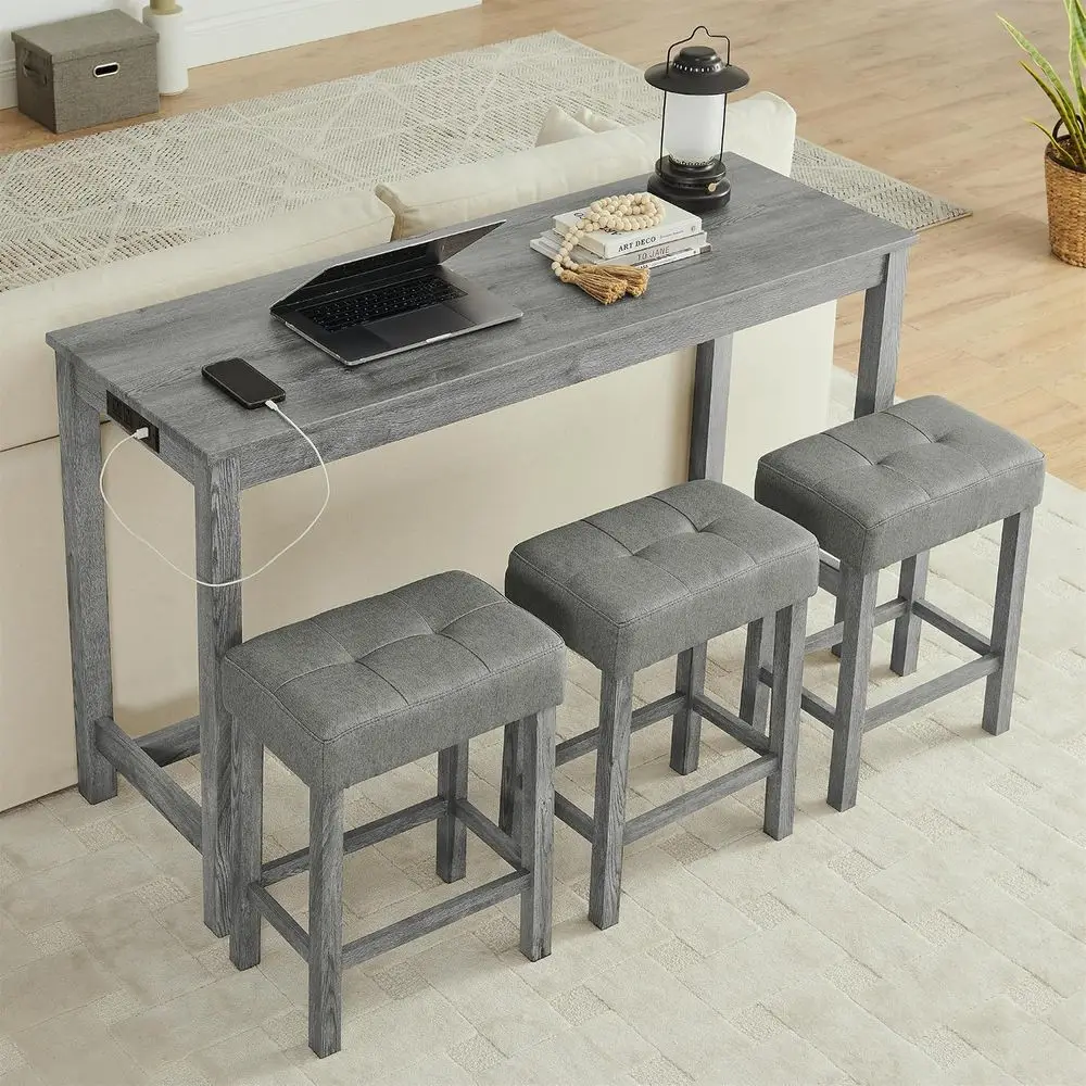 3-Person Counter Height Bar Table Set with Power Outlet, 4-Piece Dinette Set, Small Space Grey Pub Bistro Furniture