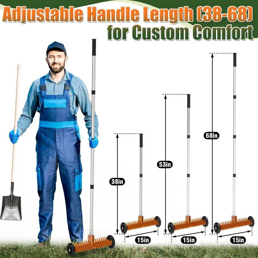 Ancinho de palha, ferramenta de desmontagem de aço de 15 polegadas, ângulo 015 ajustável e comprimento de 3868 polegadas, ancinho de quintal resistente para remoção de grama morta