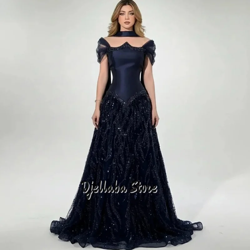 

Customized Navy Blue Sequins Off The Shoulder robes de soirée Long Silk Scarves Party Dresses Floor-Length Prom Dress