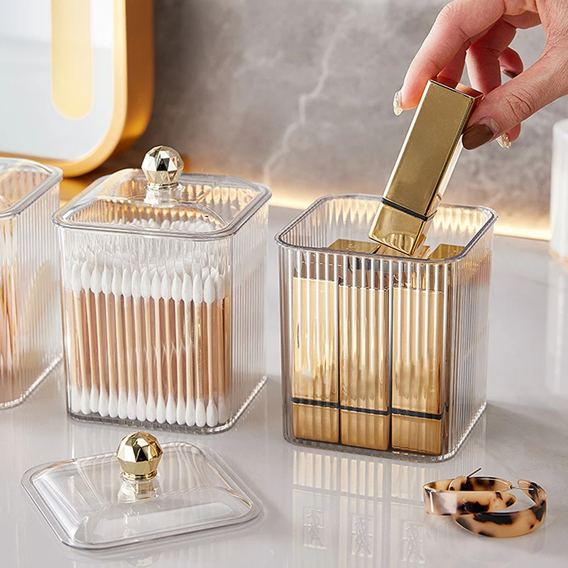 Dustproof Transparent Acrylic Cosmetic Cotton Organizer, Cotton Swabs Specific Storage Case with Lid