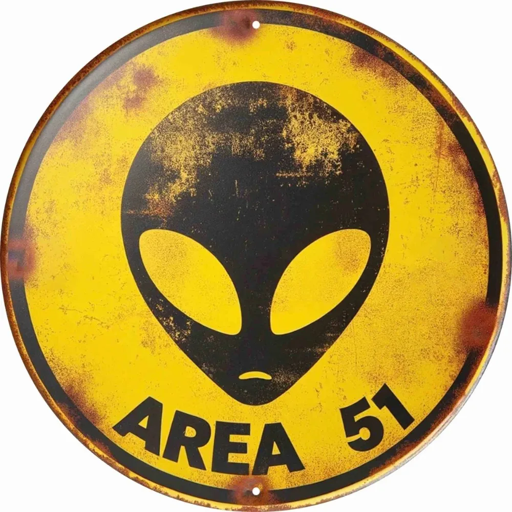 Retro UFO Alien Metal Sign Set Area 51, Vintage Sci-Fi Wall Art Decor for Home Office Bar Club Man Cave Collection