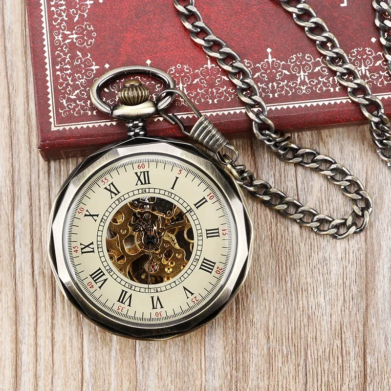 Steampunk Hand Wind Mechanical Pocket Watch Bronze Open Face Fob Clock for Men Women with Pendant Necklace Chain Watches