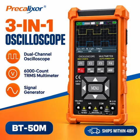 3-in-1 Handheld Oscilloscope Multimeter, 50MHz Bandwidth Dual Channel 6000 Counts, Auto-Ranging, DDS Generator, for Automotive