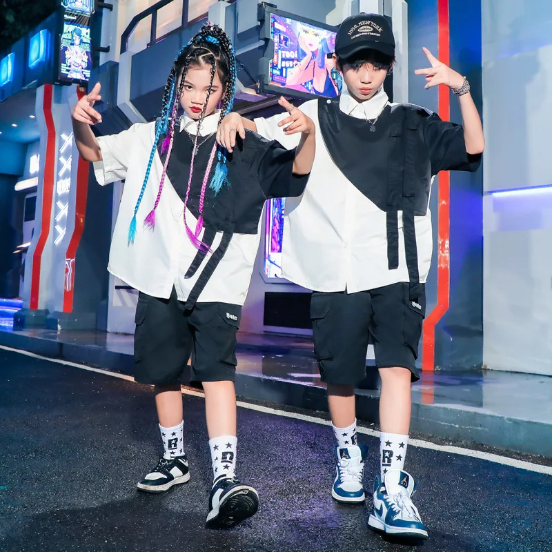 New Children Hip Hop Dance Costume Boys Loose Patchwork Shirt Shorts Short Sleeve Kpop Suit Girls Jazz Performance Outfits Rave