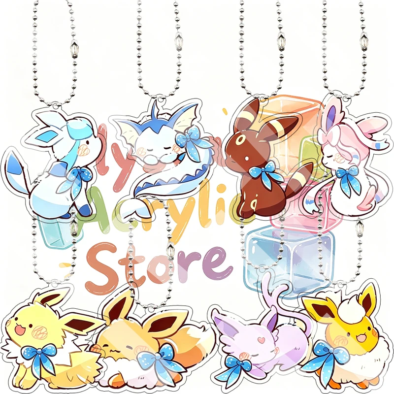 Anime Blue Bow Glaceon Flareon Vaporeon Espeon Bow Sleeping Character Cartoon Cute Backpack Acrylic Keychain Pendant Charm Gifts