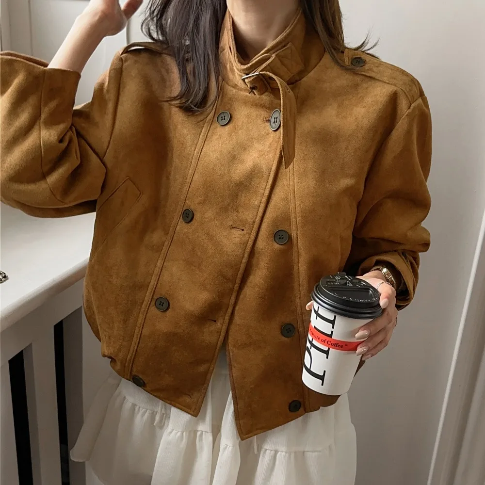 

Женская универсальная замшевая куртка в стиле ретро с воротником-стойкой, свободный крой, модная осенняя одежда из Китая