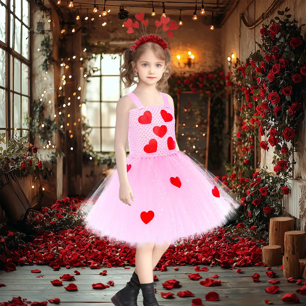 Valentine's Day Red Heart Pattern Princess Tutu Dress Girls Sleeveless Sparkly Mesh Frock Fluffy Layer Skirt Soft Party Dress