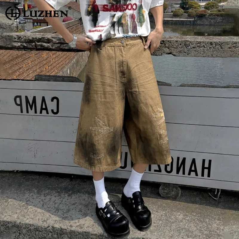 

LUZHEN Patched Cropped Design American Straight Casual Wornout Tie-dyed Trousers Men's 2025 New Street Wear Shorts Pants JY3525
