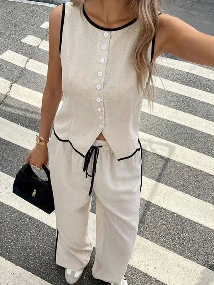 

2025 Sleeveless Top High Waist Trousers Suit Casual Summer Street Wear Commute Outfit Women Single Breasted Shirt Wide Pants Set