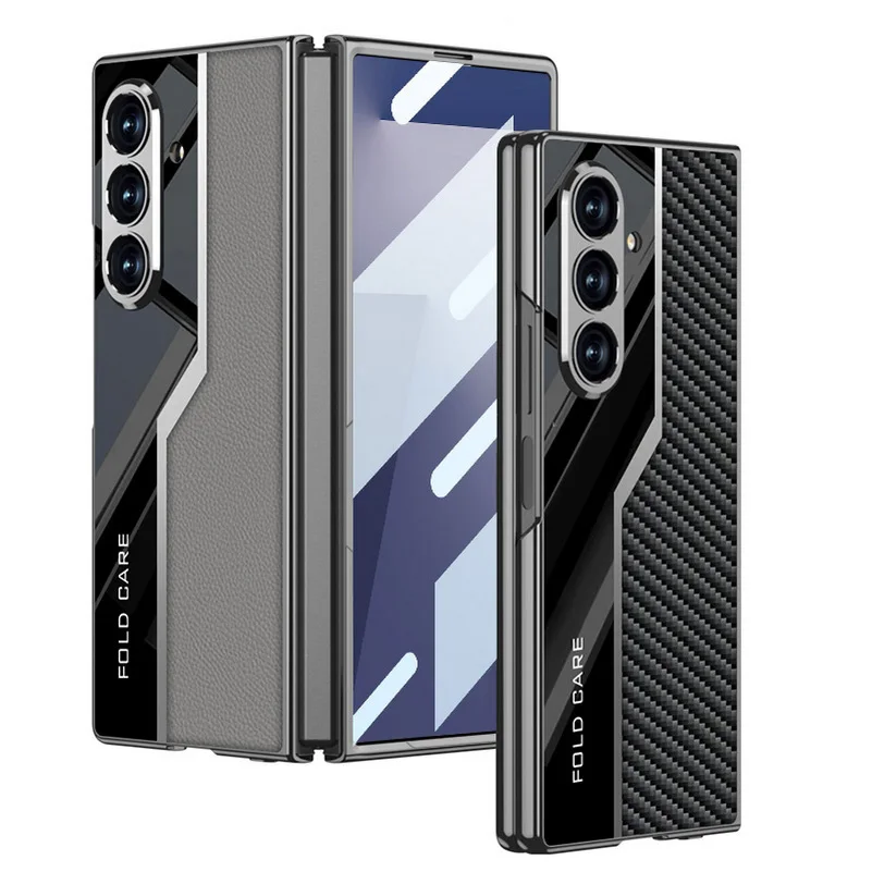 

Plain Leather Electroplated Color Blocking with Glass Protect Film Phone Case for Samsung Galaxy Z Fold 7 6Lens Shockproof Cover