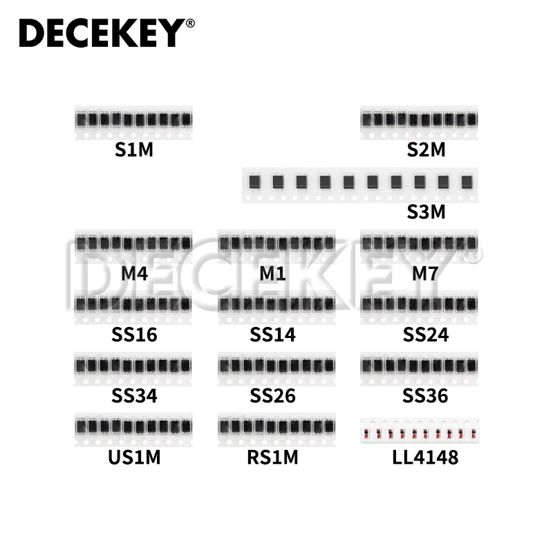 150pcs SMD Fast Switching Schottky Diode Assorted Kit Set M1 M4 M7 S1M S2M S3M SS14 SS16 SS24 SS26 SS34 SS36 RS1M US1M LL4148